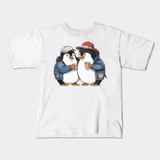 2 penguins wearing a denim jacket and hats holding cups Kids T-Shirt